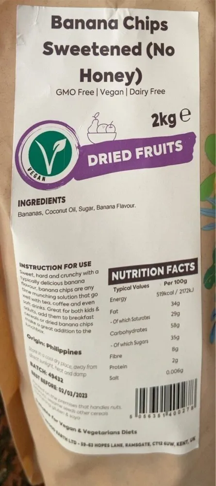 Banana chips sweetened