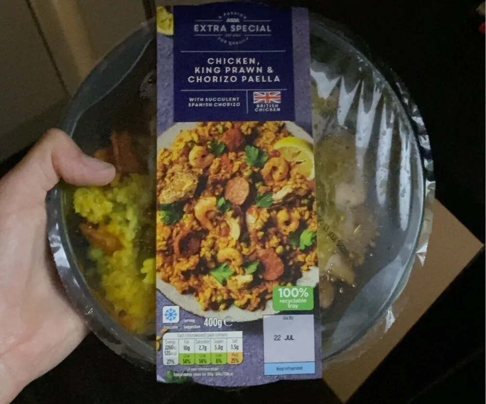 Extra special chicken king prawn & chorizo paella