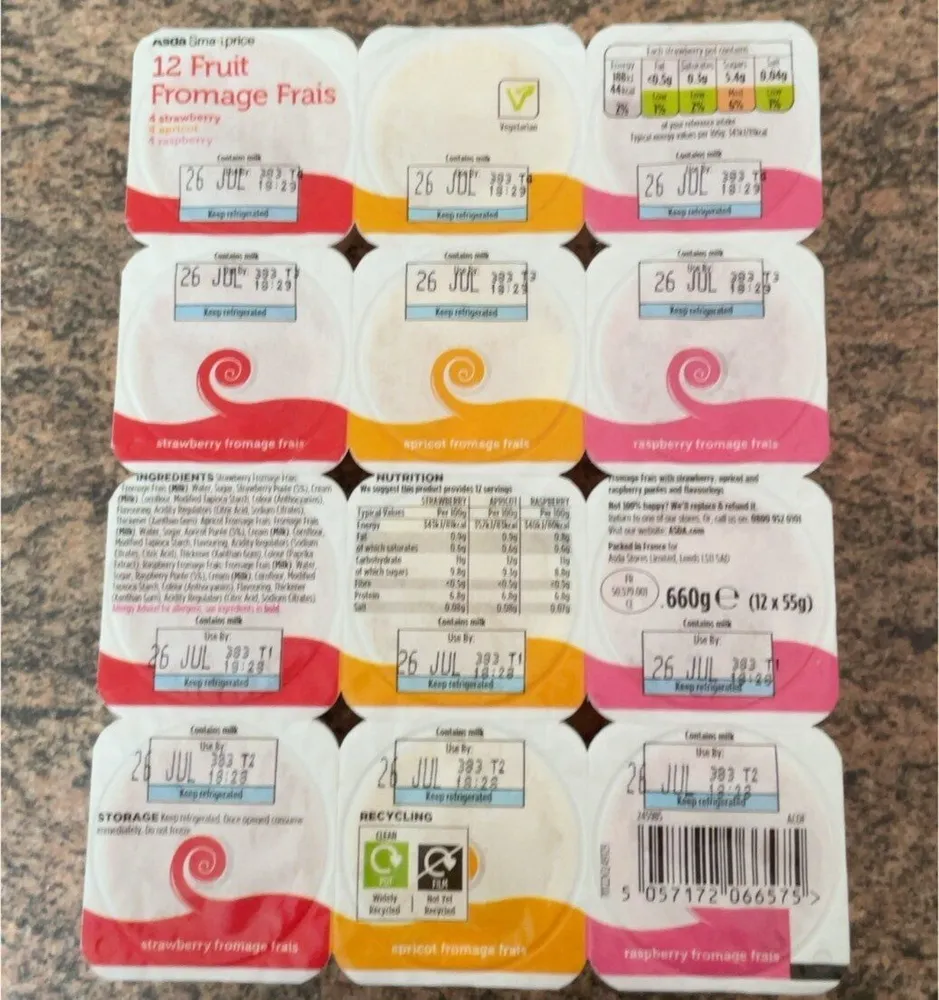 Asda yoghurts parfums assortis 12 x 55 g
