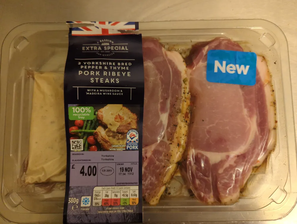2 Yorkshire bred pepper and thyme pork ribeye steaks
