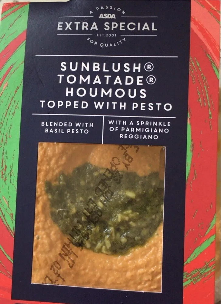 Sunblush tomatade houmous topped with pesto