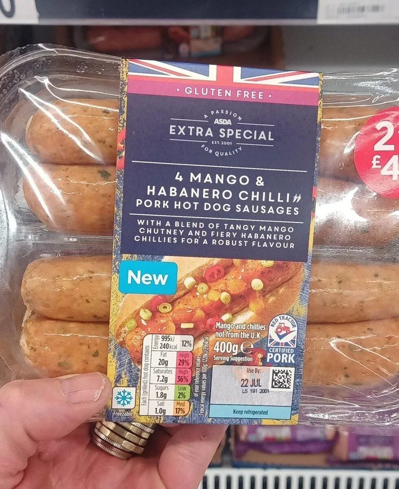 Mango and habanero chilli pork hot dog sausages
