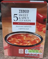 t 5 TESCO SWEET & SPICY CUP SOUPS WITH NOODLES Kee