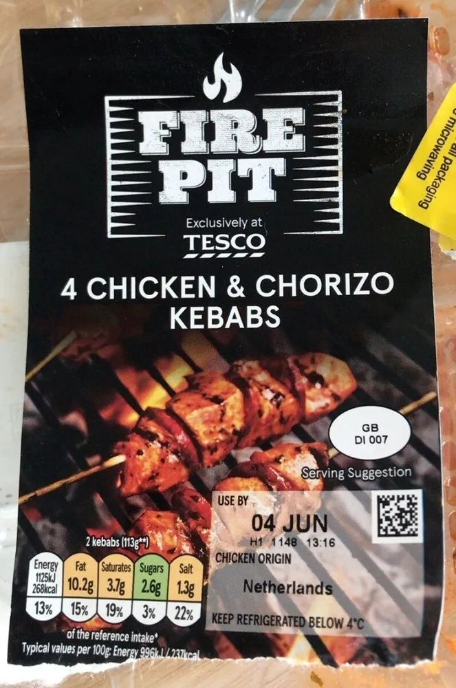 4 chicken & chorizo kebabs