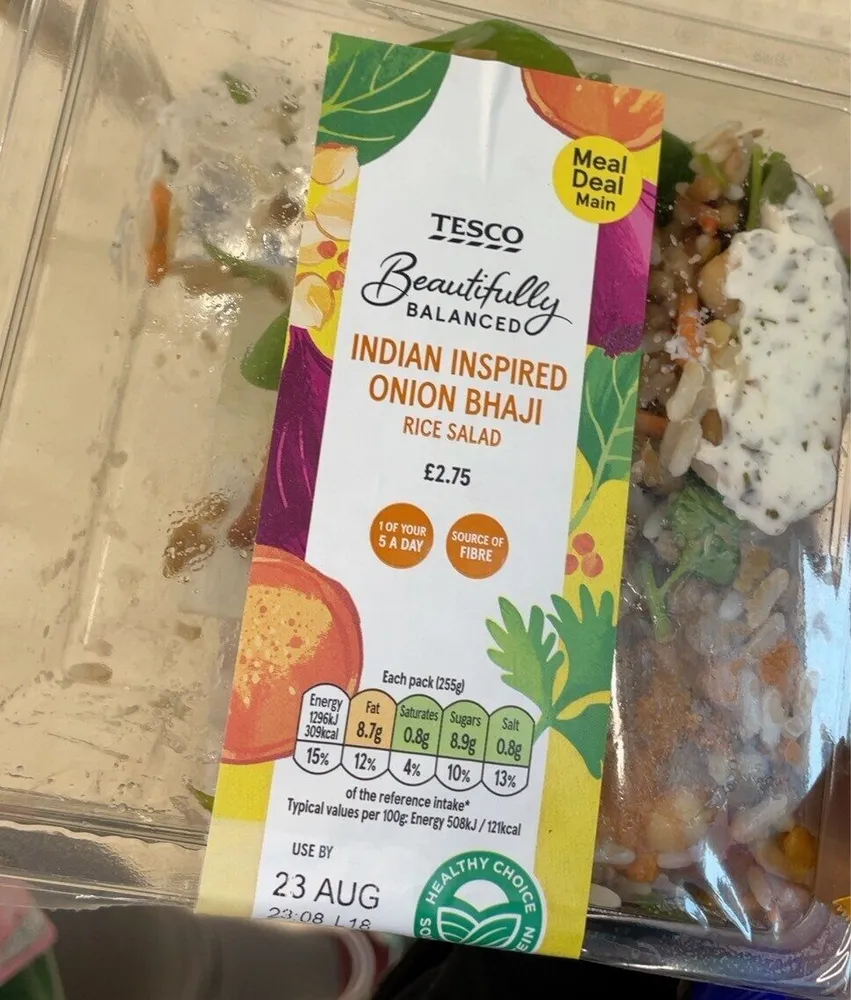 Indian inspired onion bhaji rice salad