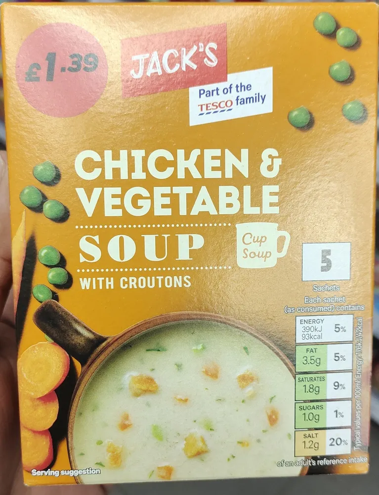 Chicken and vegetable  soup with croutons