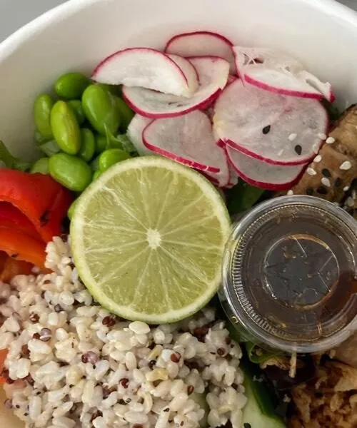 Tamari and ginger aubergine salad bowl