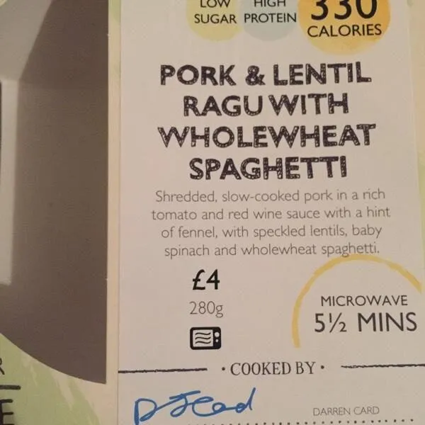 Pork & Lentil Ragu with whole-wheat spaghetti