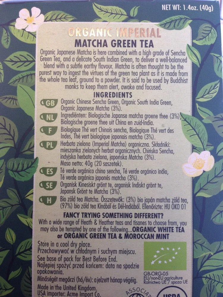 Heath and Heather Org Green Imperial Matcha 20bag
