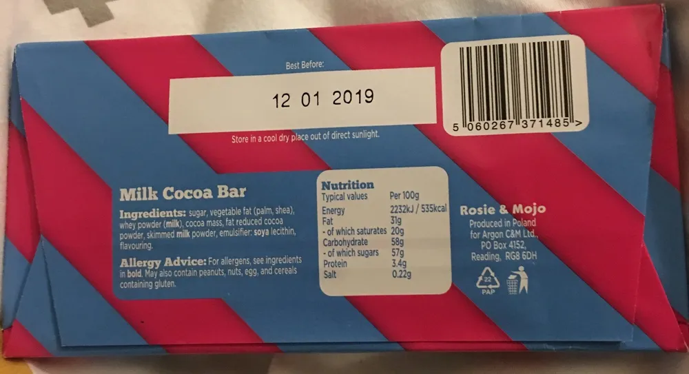Milk cocoa bar