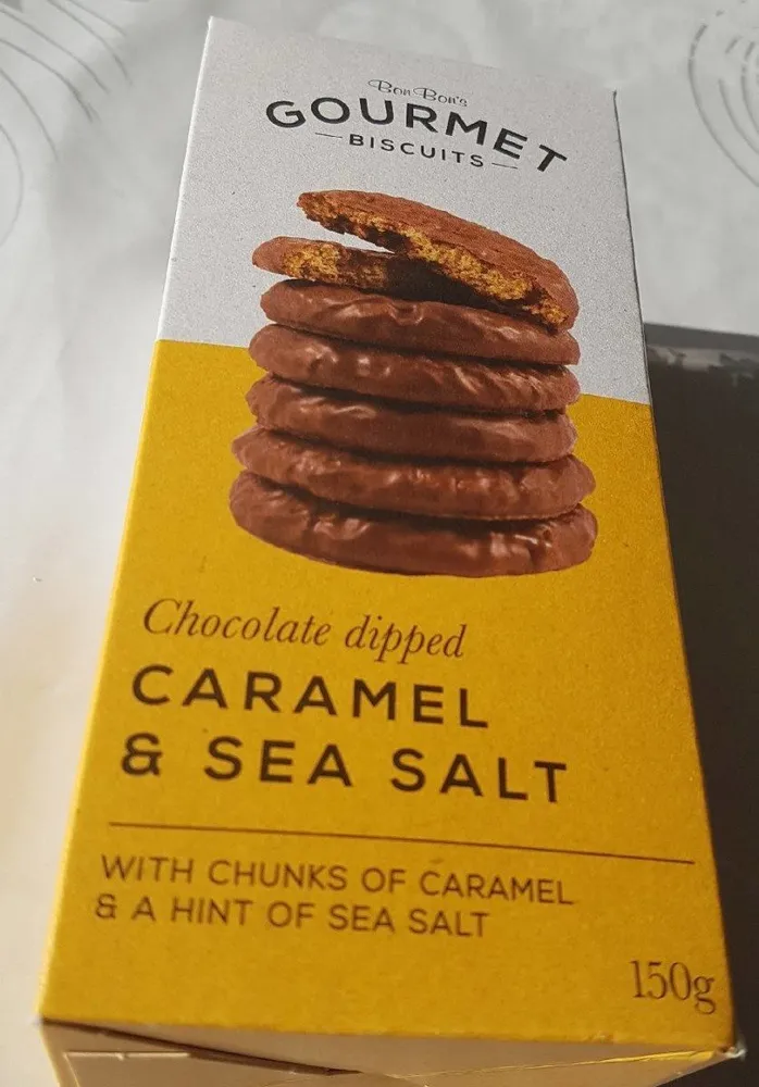 Milk chocolate coated caramel & sea salt biscuits