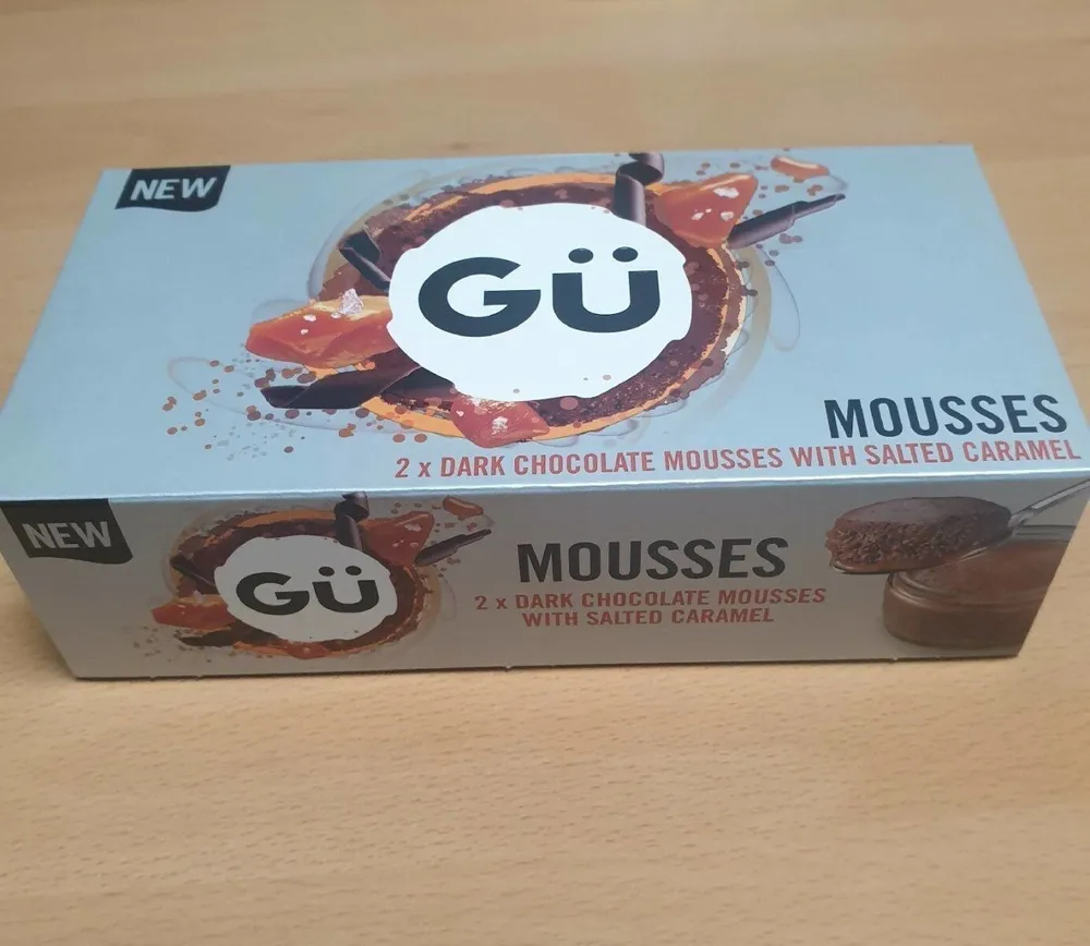 Gu dark chocolate mousses with salted caramel
