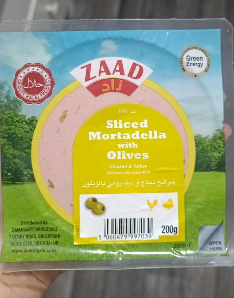 Sliced mortadella with olives