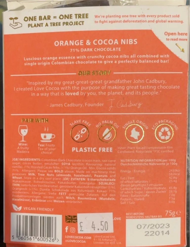 Orange&cacoa nibs 71%dark chocolate