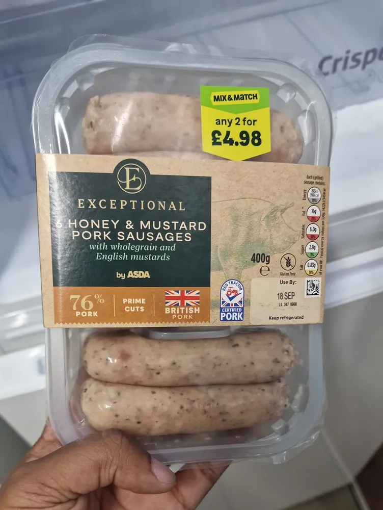 6 Honey & Mustard Pork Sausages with wholegrain and English mustards