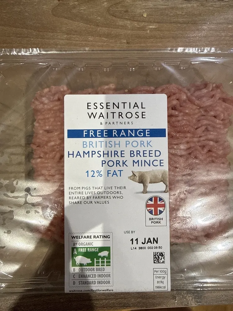 British free range pork mince (typically 12% fat)