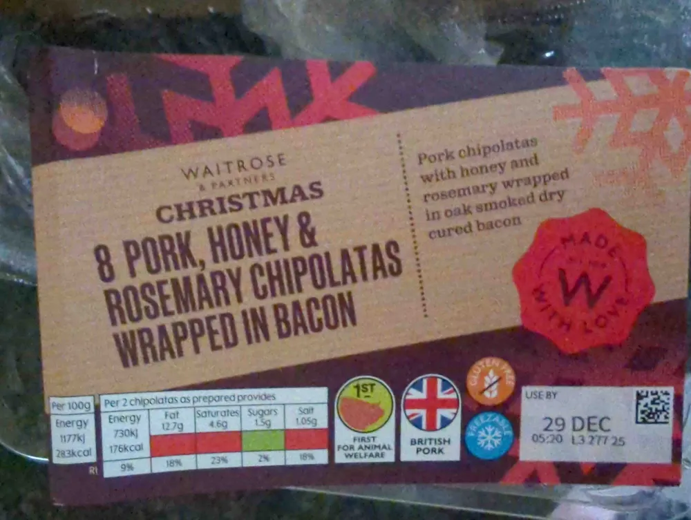 Pork, Honey & Rosemary Chipolatas Wrapped In Bacon
