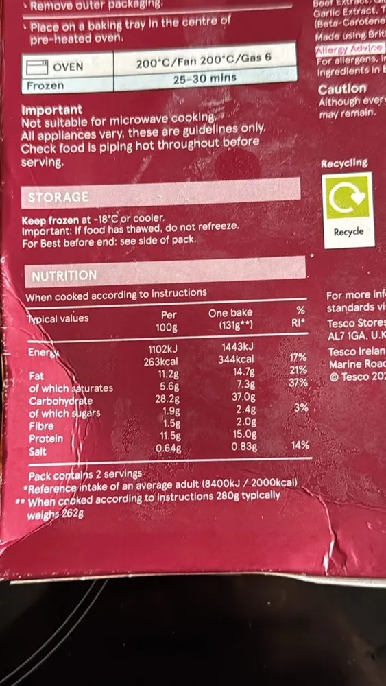Tesco Frozen Steak Bake