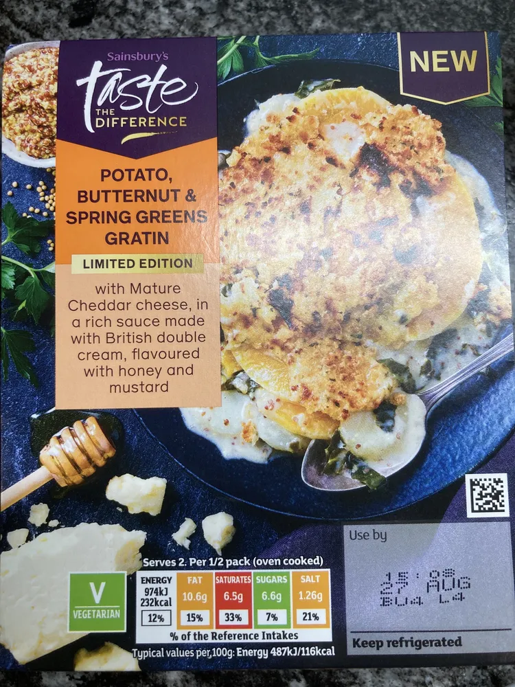 Potato butternutspring greens gratin