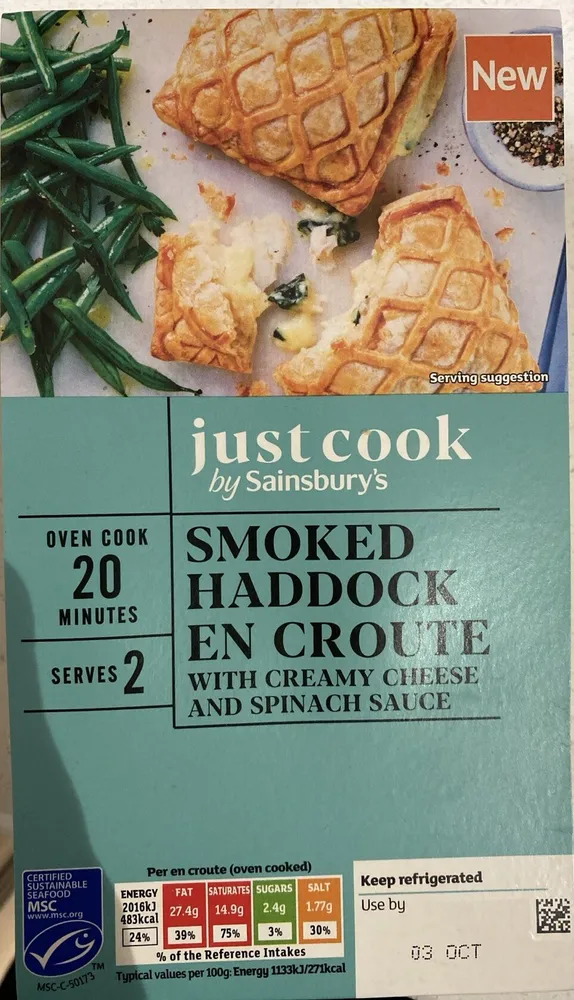 just cook Smoked Haddock En Croute With Creamy Cheese And Spinach Sauce