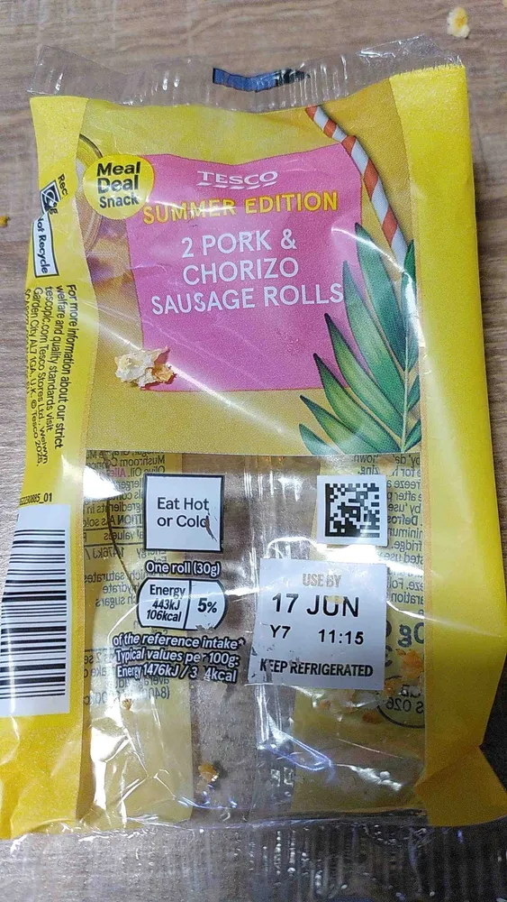 2 pork chorizo sausage rolls