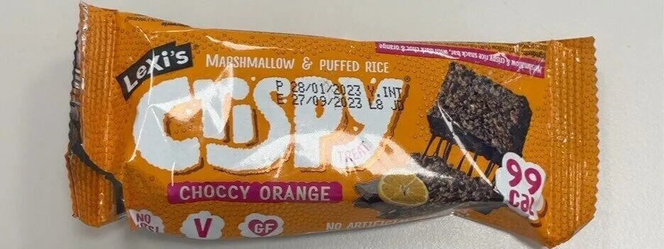 Lexi’s marshmallow & puffed rice crispy treat (choccy orange)
