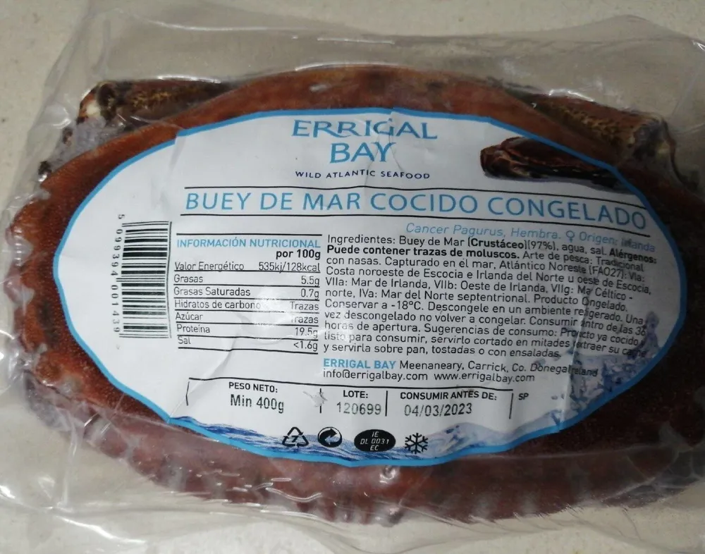 Buey de mar cocido congelado