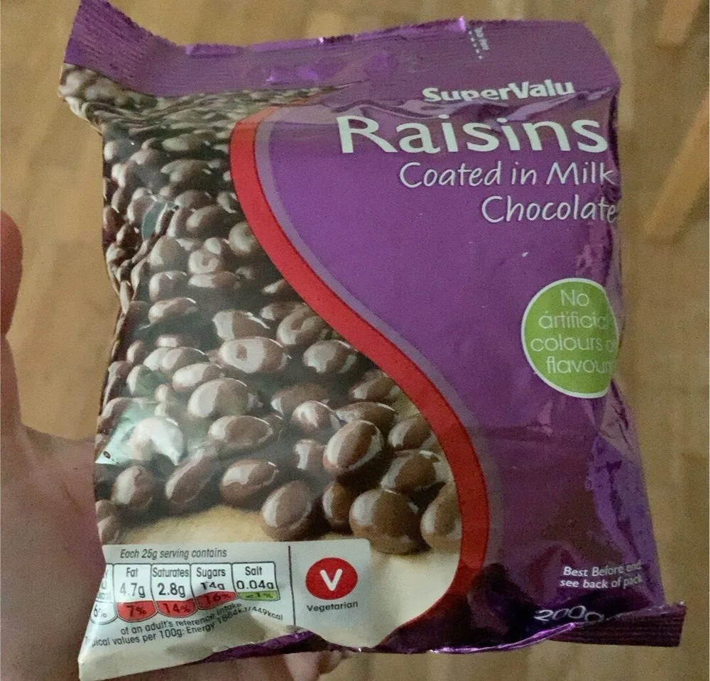 Raisins coated in milk chocolate