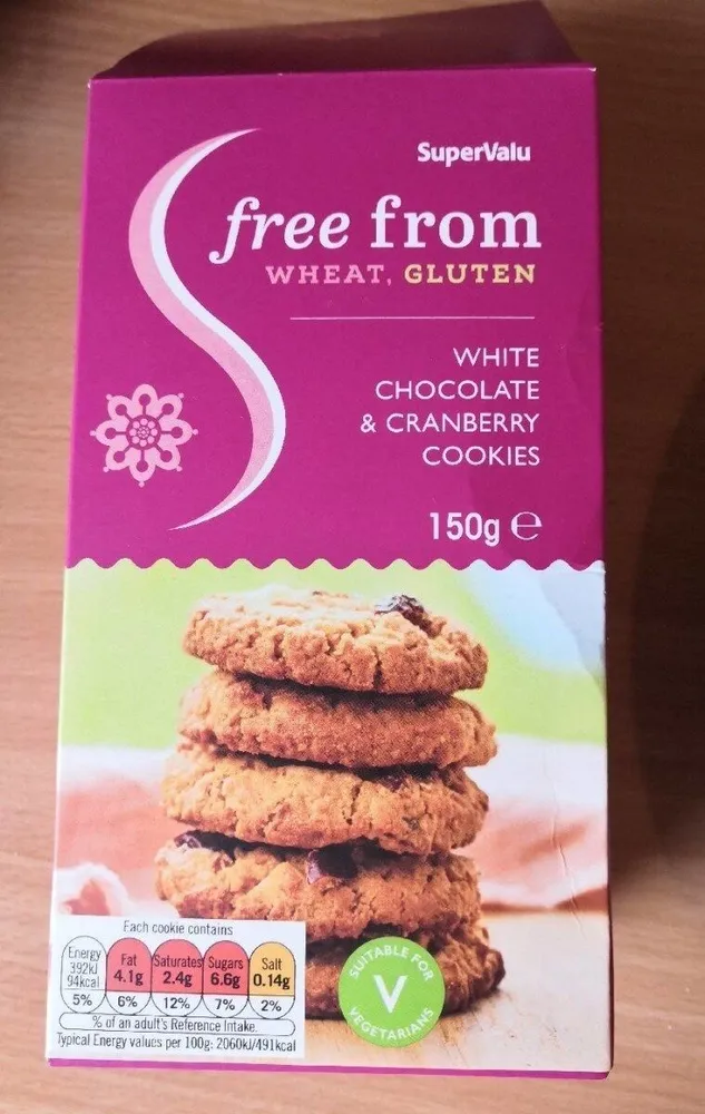 Free from gluten, white chocolat & cramberry cookies