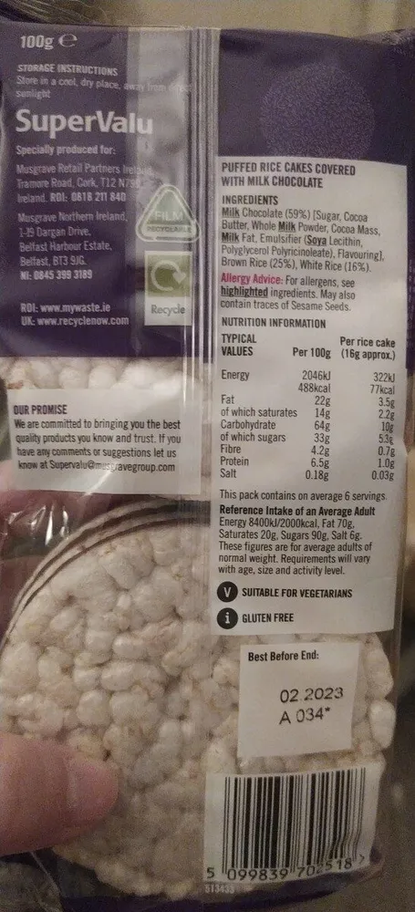 SuperValu MILK CHOCOLATE RICE CAKES BKES 6911 184