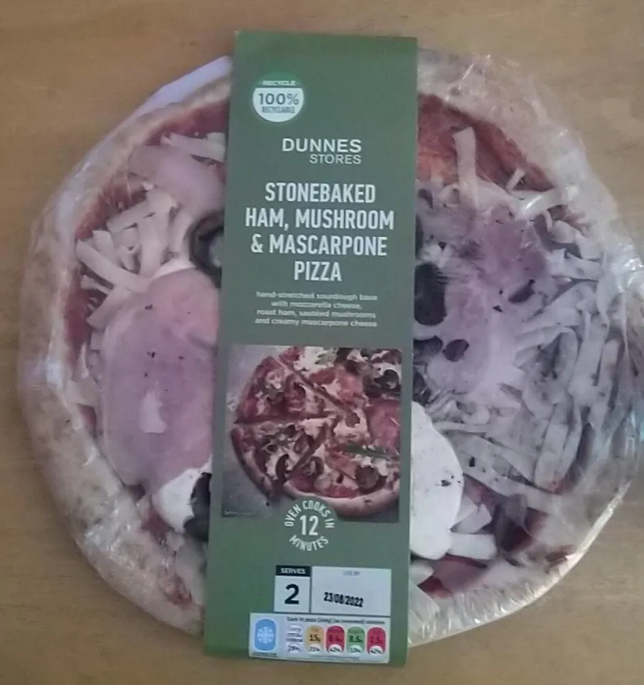 Stonebaked ham mushroom and mascarpone pizza