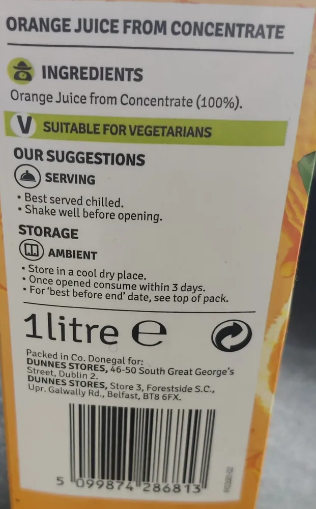 Pure Orange Juice from concentrate