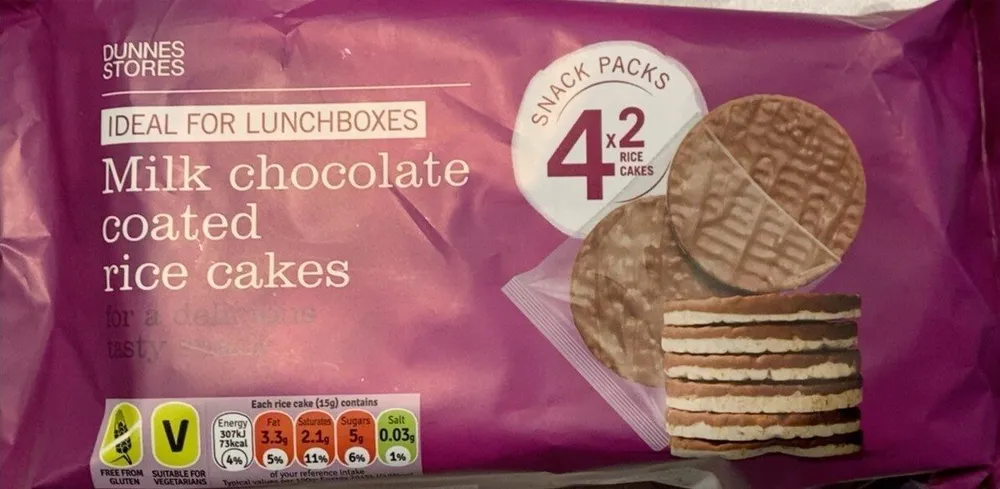 Milk chocolate coated rice cakes