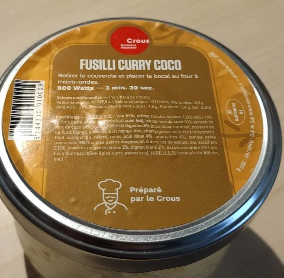 Fusilli curry coco