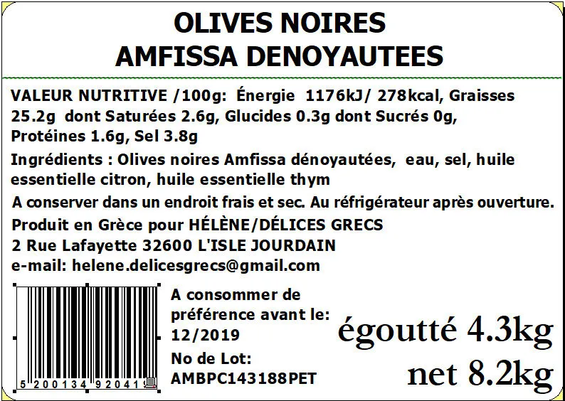 OLIVES NOIRES AMFISSA DENOYAUTEES
