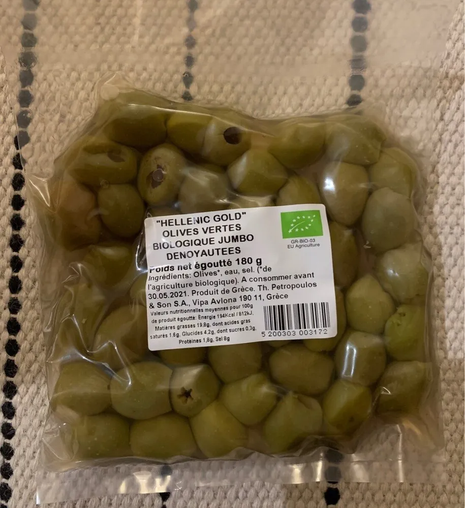 "Hellenic Gold" Olives vertes biologique Jumbo denoyautées