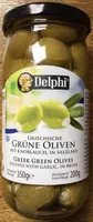 Griechische Grüne Oliven mit Knoblauch, in Salzlake