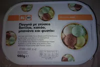 Glace vanille, cacao, banane, pistache