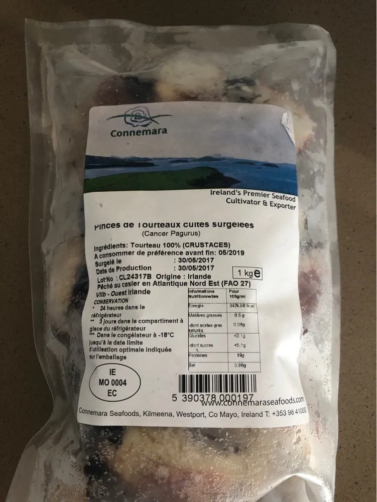 Pinces de tourteaux cuites surgelees