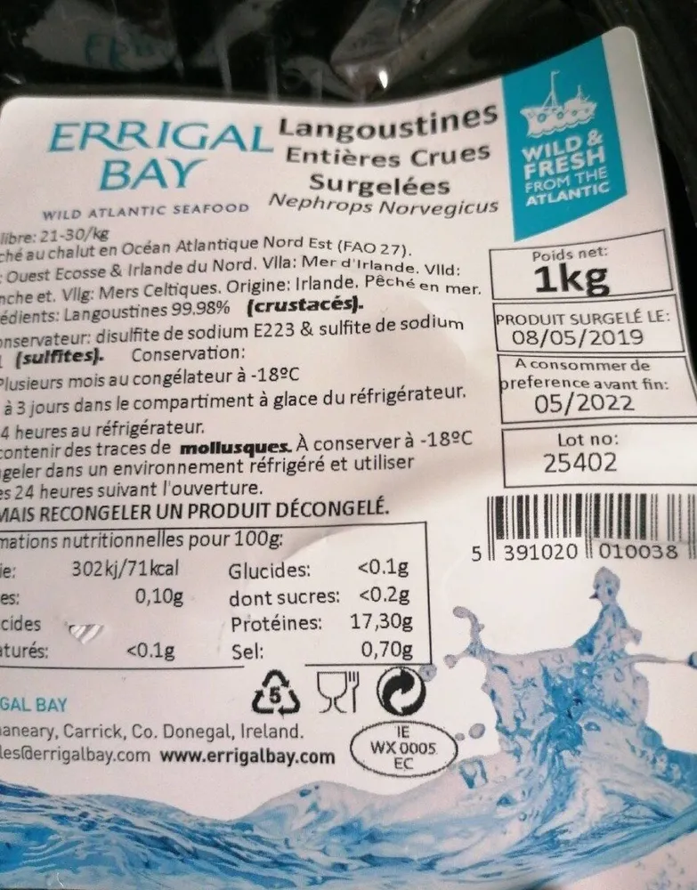 Langoustines entières crues surgelées