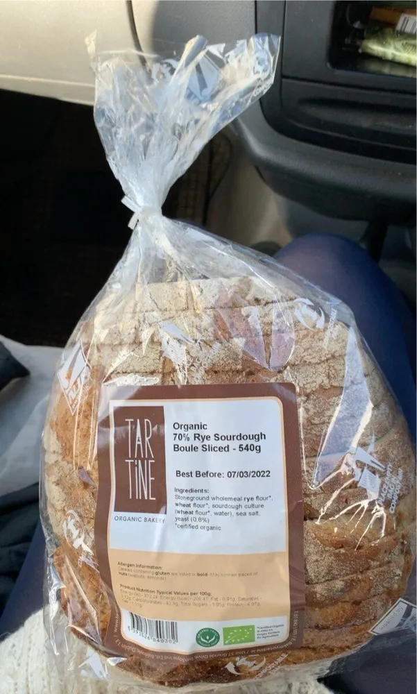 Organic 70% rye sourdough boule sliced 540g
