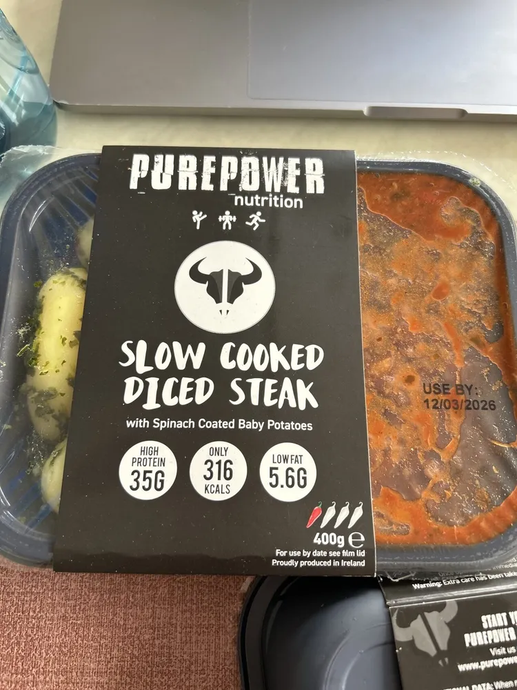 Slow Cooked Diced Steak with Spinach Coated Baby Potatoes