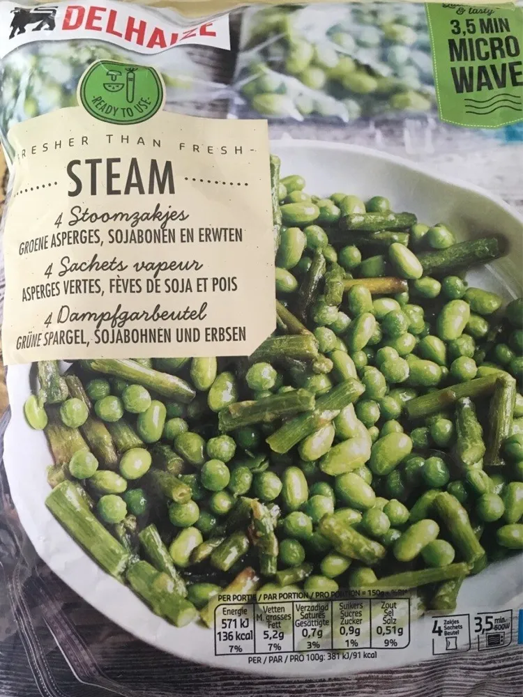 Steam sachets vapeur asperges vertes feves de soja et pois