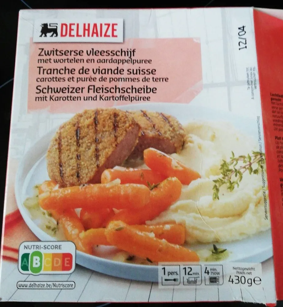 Tranche de viande suisse, carotte et purée de pomme de terre