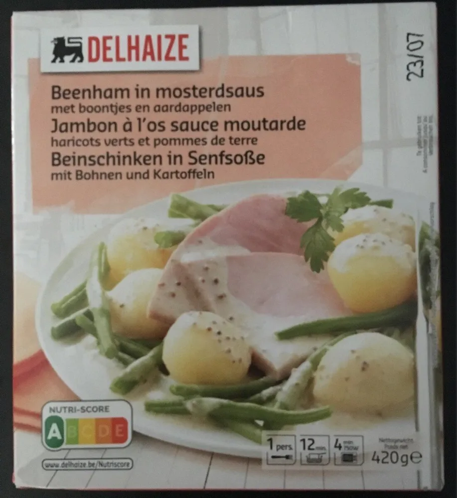 Jambon à l'os sauce moutarde, haricots verts et pommes de terre