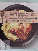 Filet de dinde sauce aux cerises puree aux poireaux