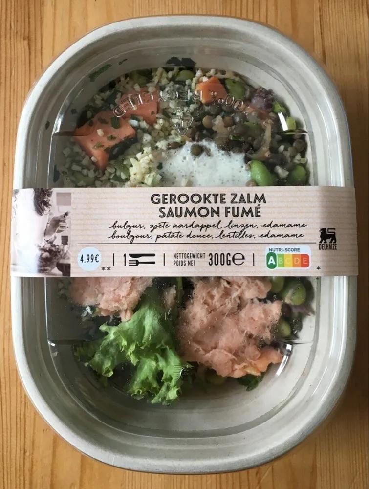 Saumon fumé, boulgour, patate douce, lentilles, endamame