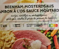 Jambon à l'os sauce moutarde petits pois, carottes et purée de pommes de terre