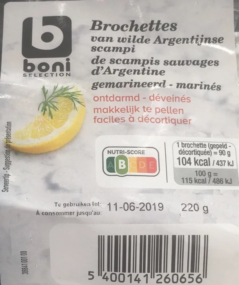 Brochettes de scampis sauvages d'Argentine marinés