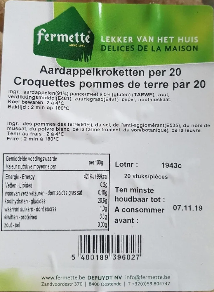 Croquettes pommes de terre par 20